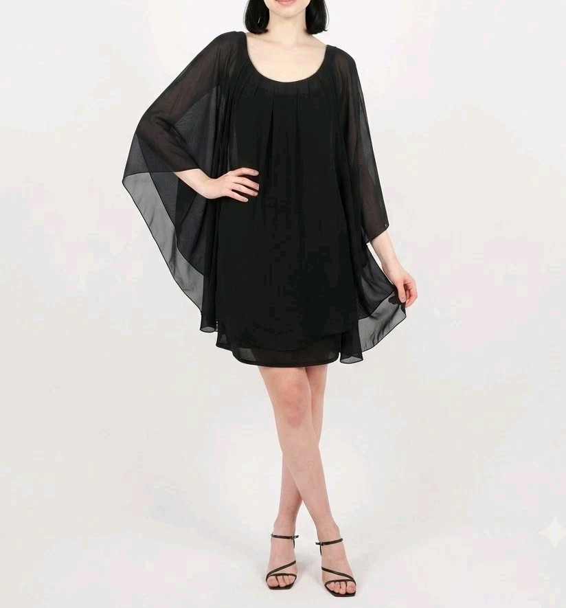 Vintage 2010s Black Chiffon Batwing Dress 8 Flowy Layered Cocktail Mini Face Off