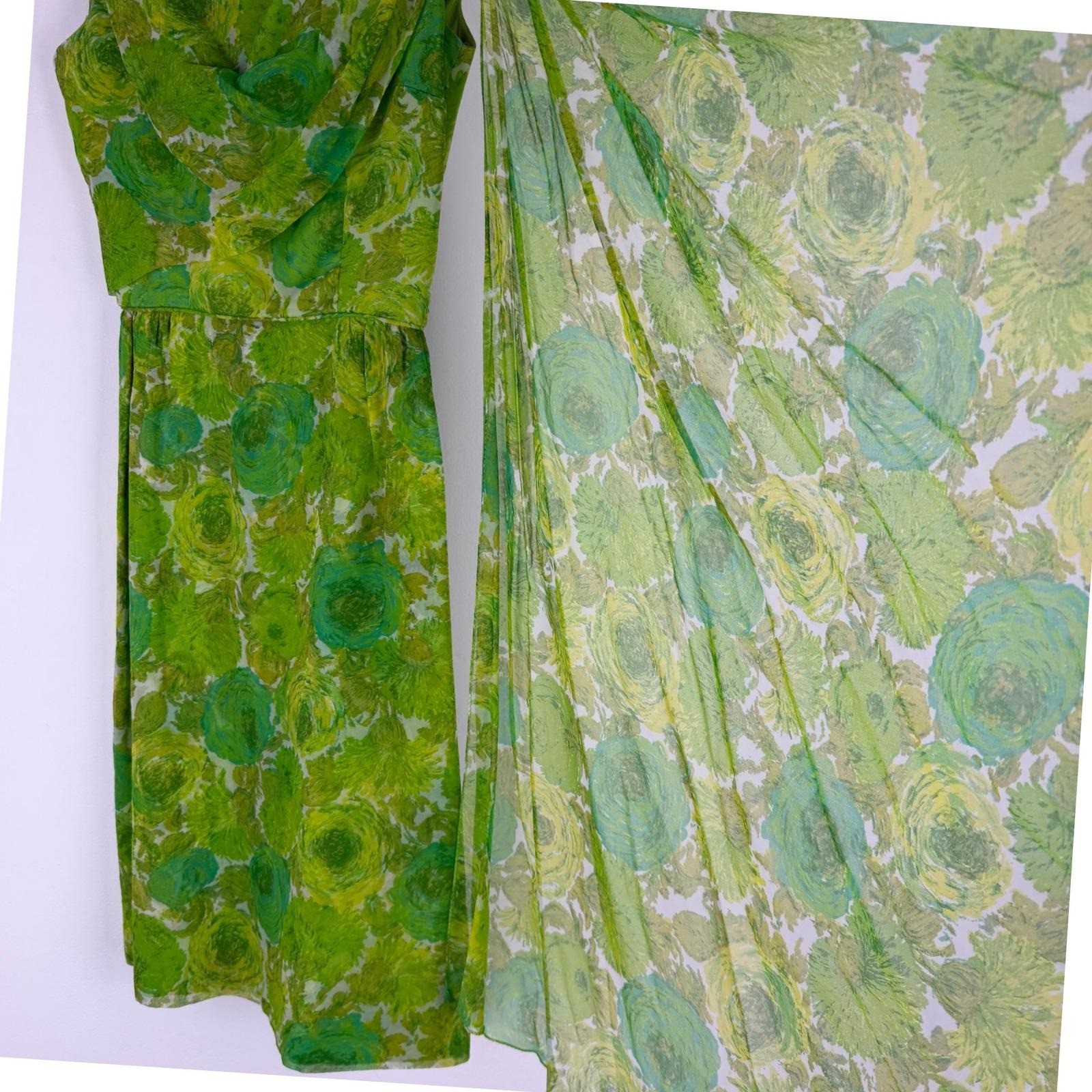 60s Green Floral Chiffon Scarf Dress Draped Cowl Neck Sheath Cocktail Waist 23&Prime;