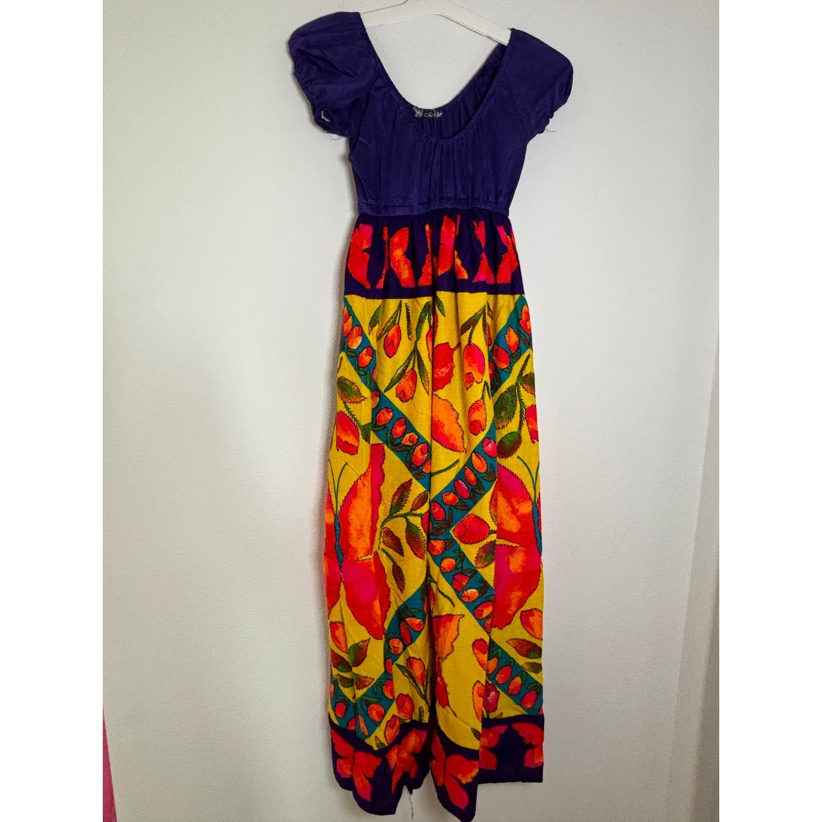 Vintage Butterfly Floral Print Maxi Dress Purple Yellow Puff Sleeve Boho 49in