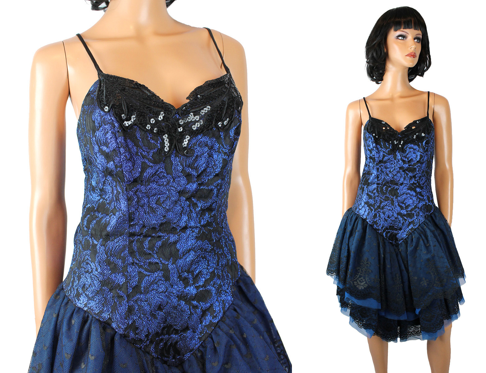 80s Prom Dress Jrs S Vintage Black Blue Metallic Lace Tulle Sleeveless Gown XS
