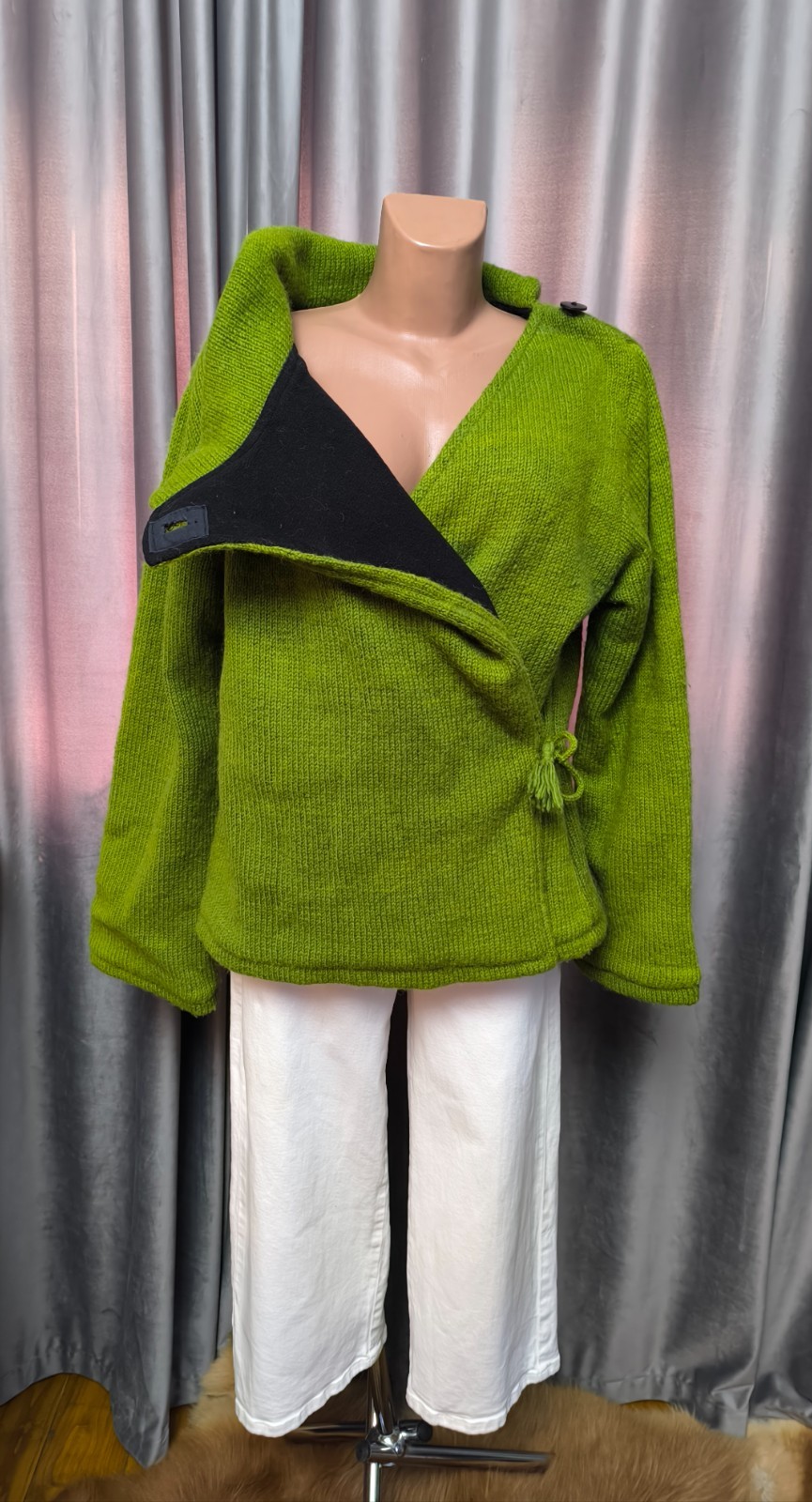 Vintage 100% Wool Green Cardigan Jacket Handmade Nepal Boho Lined L