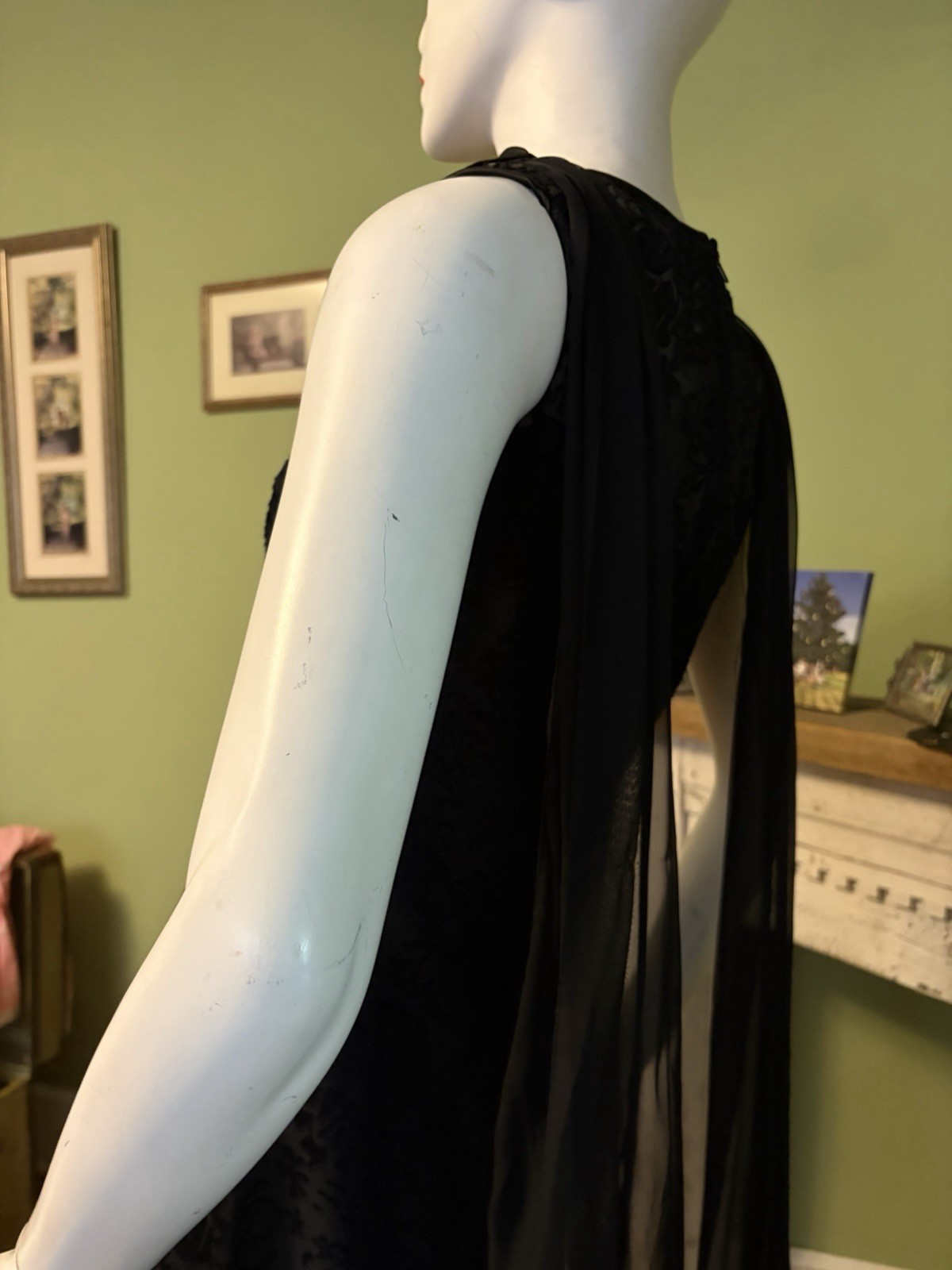 Vtg 90s McClintock Blk Sheath Netting Whimsygoth Chiffon Cape Dress 38 M Hepburn
