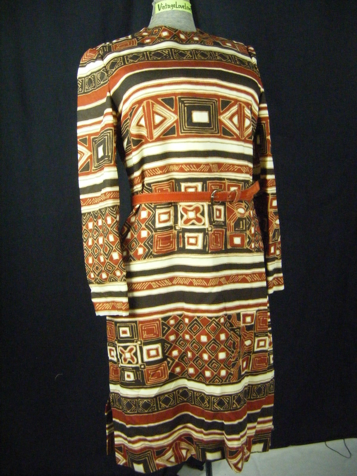 ADELE SIMPSON Vtg 60s Designer Brown Mod Printed Sheath Dress- Bust 36/XS