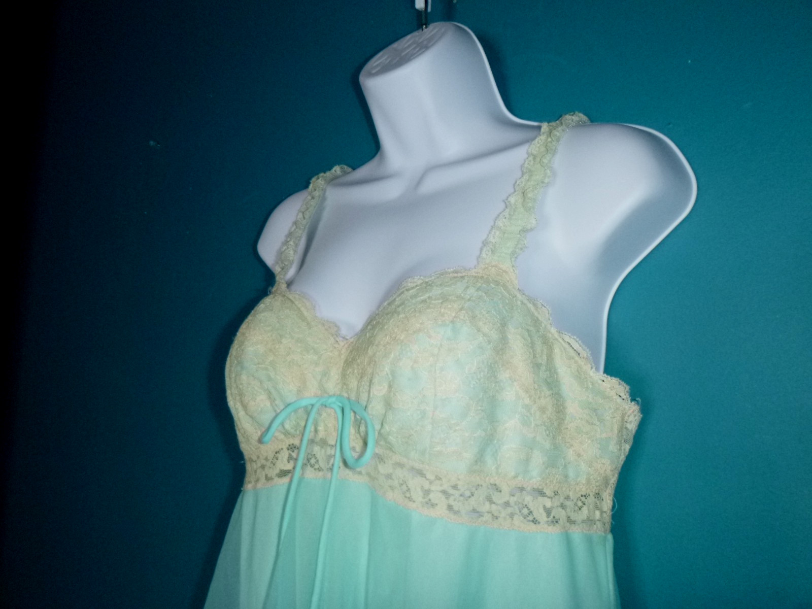 Vtg 60s Olga Sleeping Pretty Nightgown Aqua Double Layer Nylon Chiffon Sz M