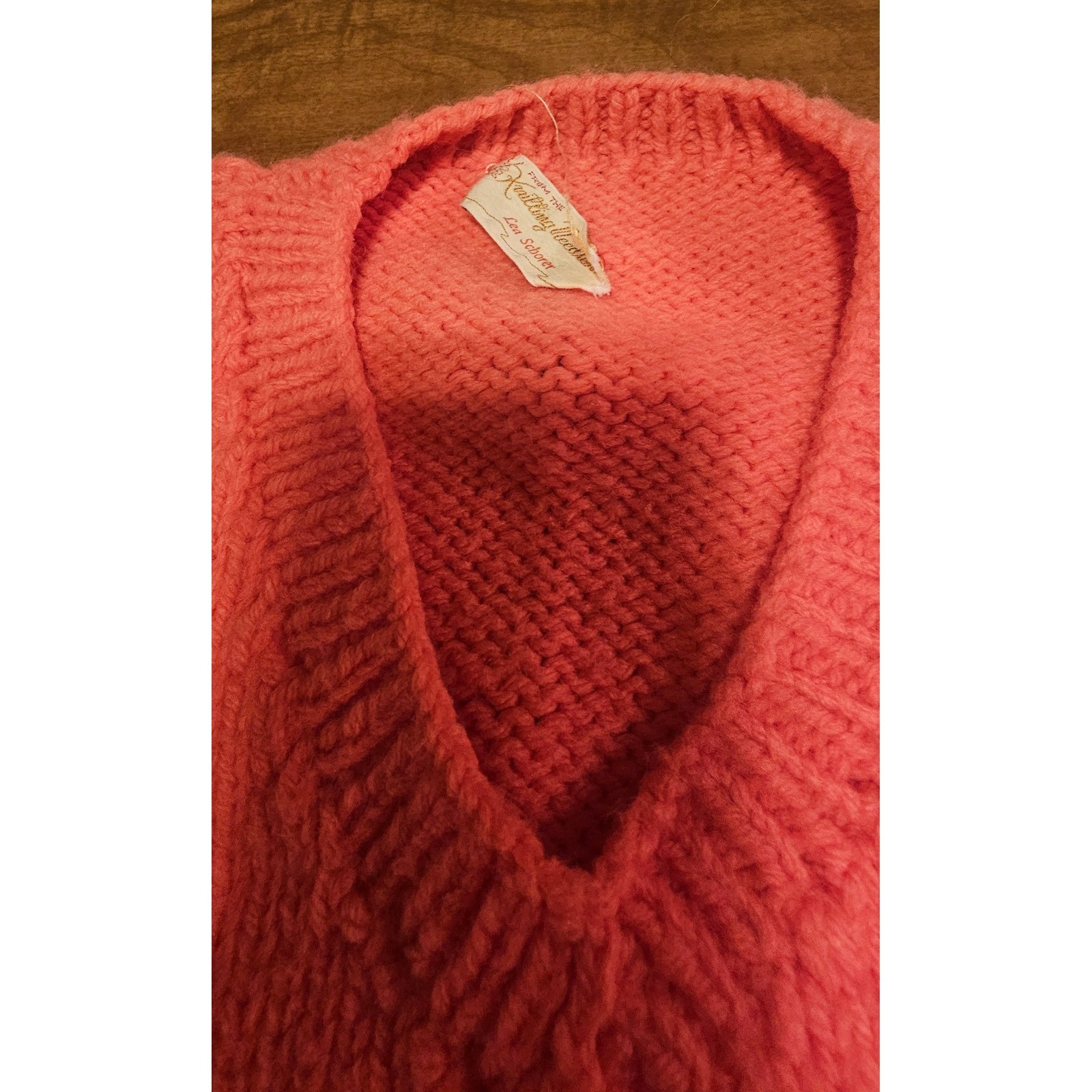 Vintage Homemade 80s Peach Orange Shaker Knit Sweater V-Neck M L K