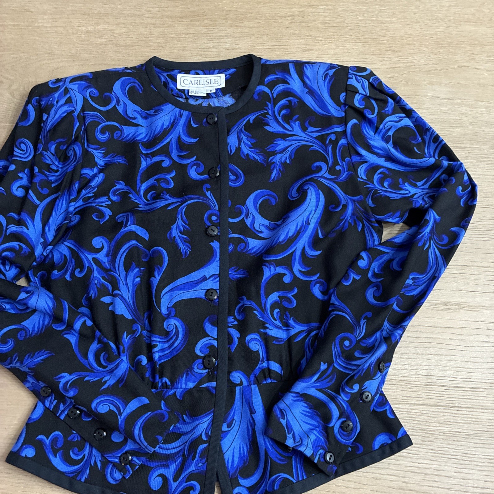 VTG CARLISLE Jacket Silk Wool Blend Women’s Sz 8 Blue Black Lined 80s W/Belt