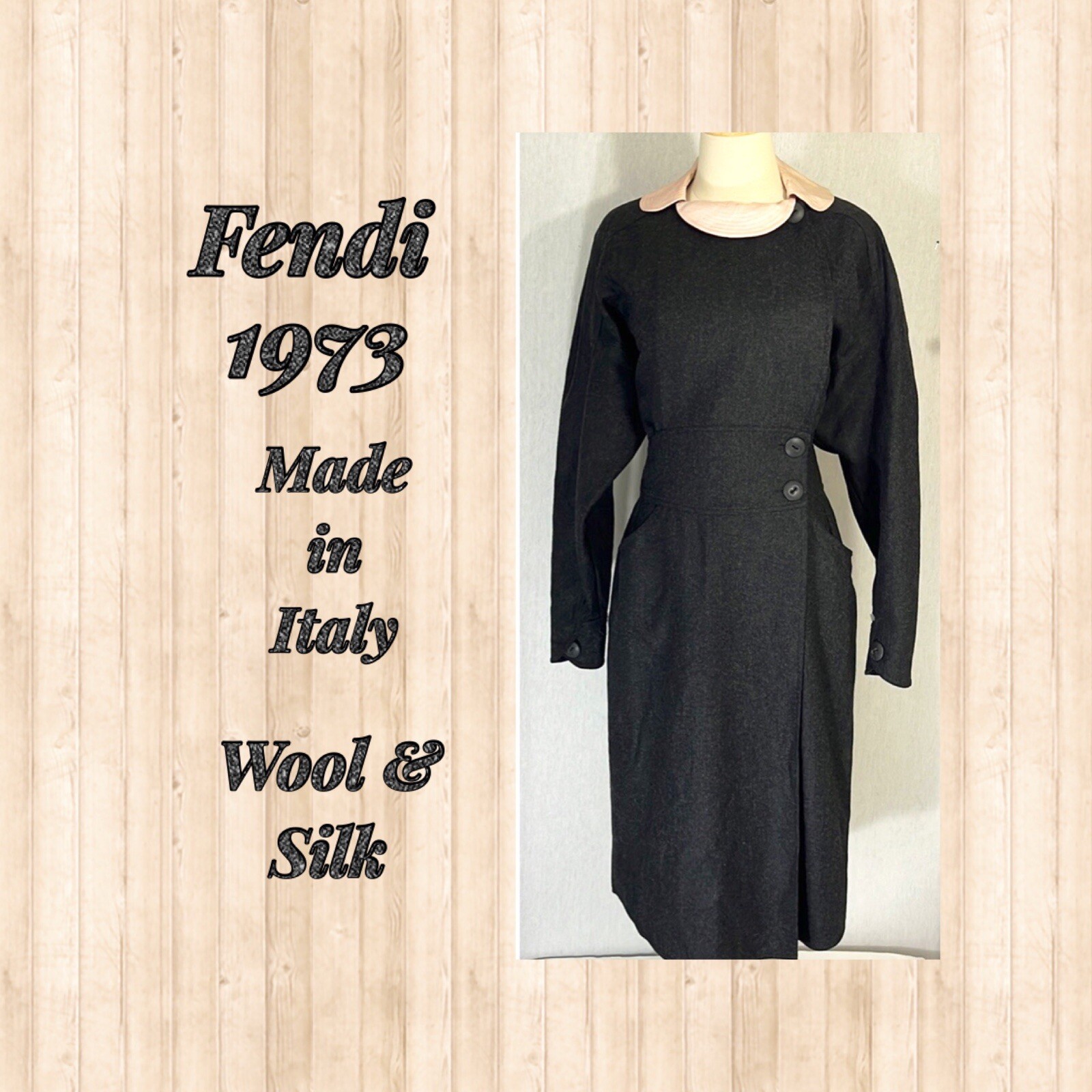 Vintage 1973 Fendi By Contir 365 Wool Silk Gray Wrap Dress Made In Italy Size 8