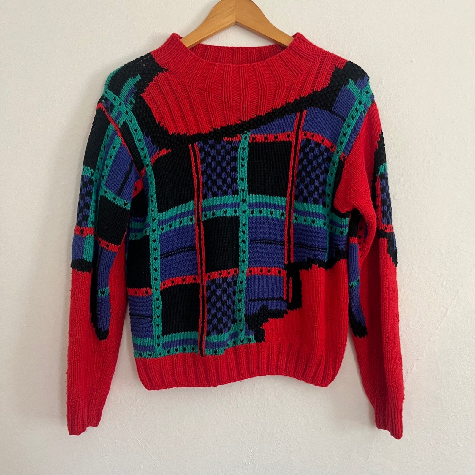 Vintage P.S. Sport Women&rsquo;s Mock Neck Red Purple Retro Cotton-Ramie Sweater S