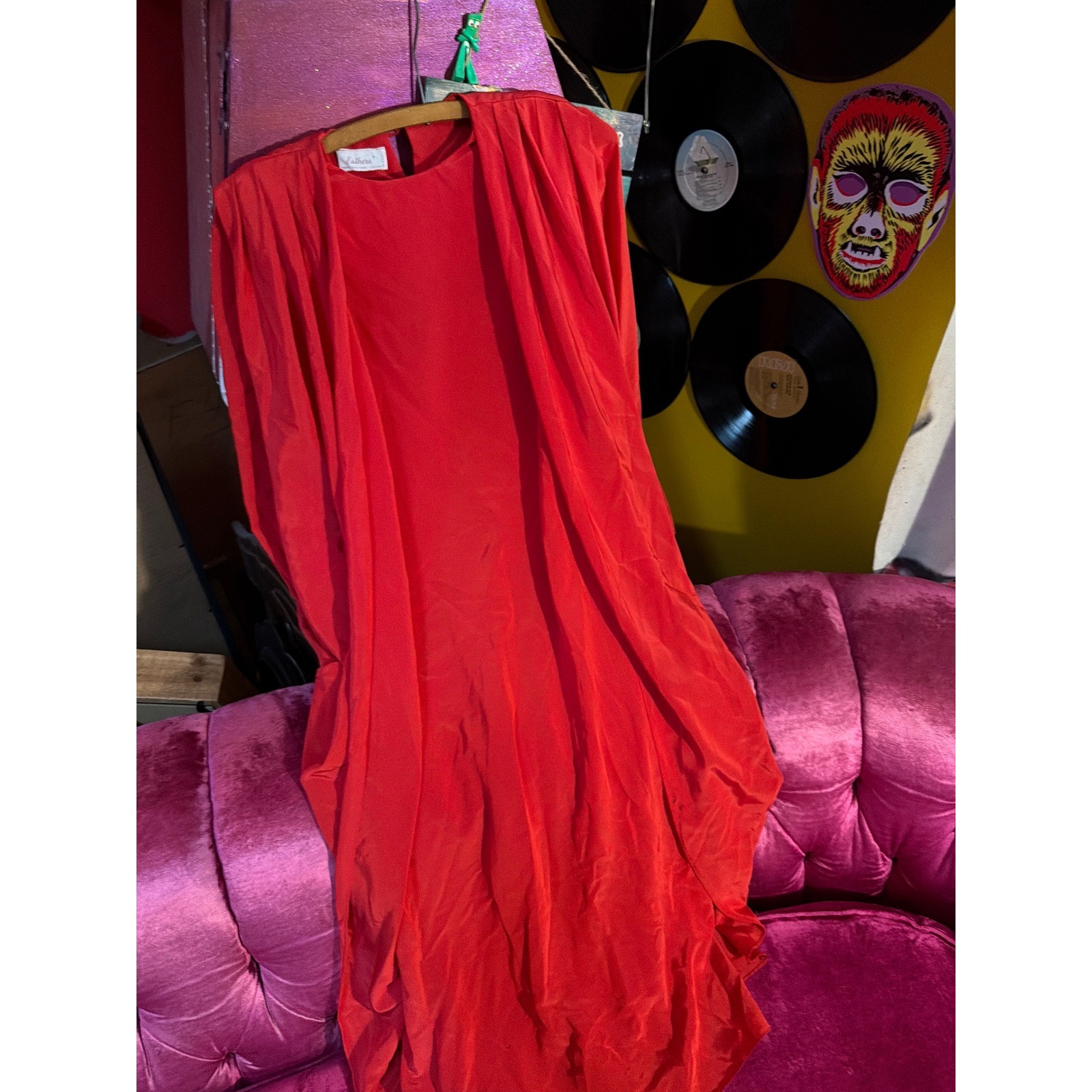 Vintage Esthers Paris New York Red Cape Dress Long Sleeve Formal Size 11