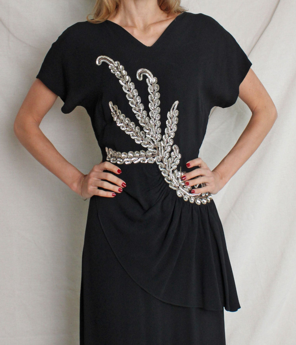 1940s veg sequin appliqué black rayon crepe peplum gown dress dries van noten