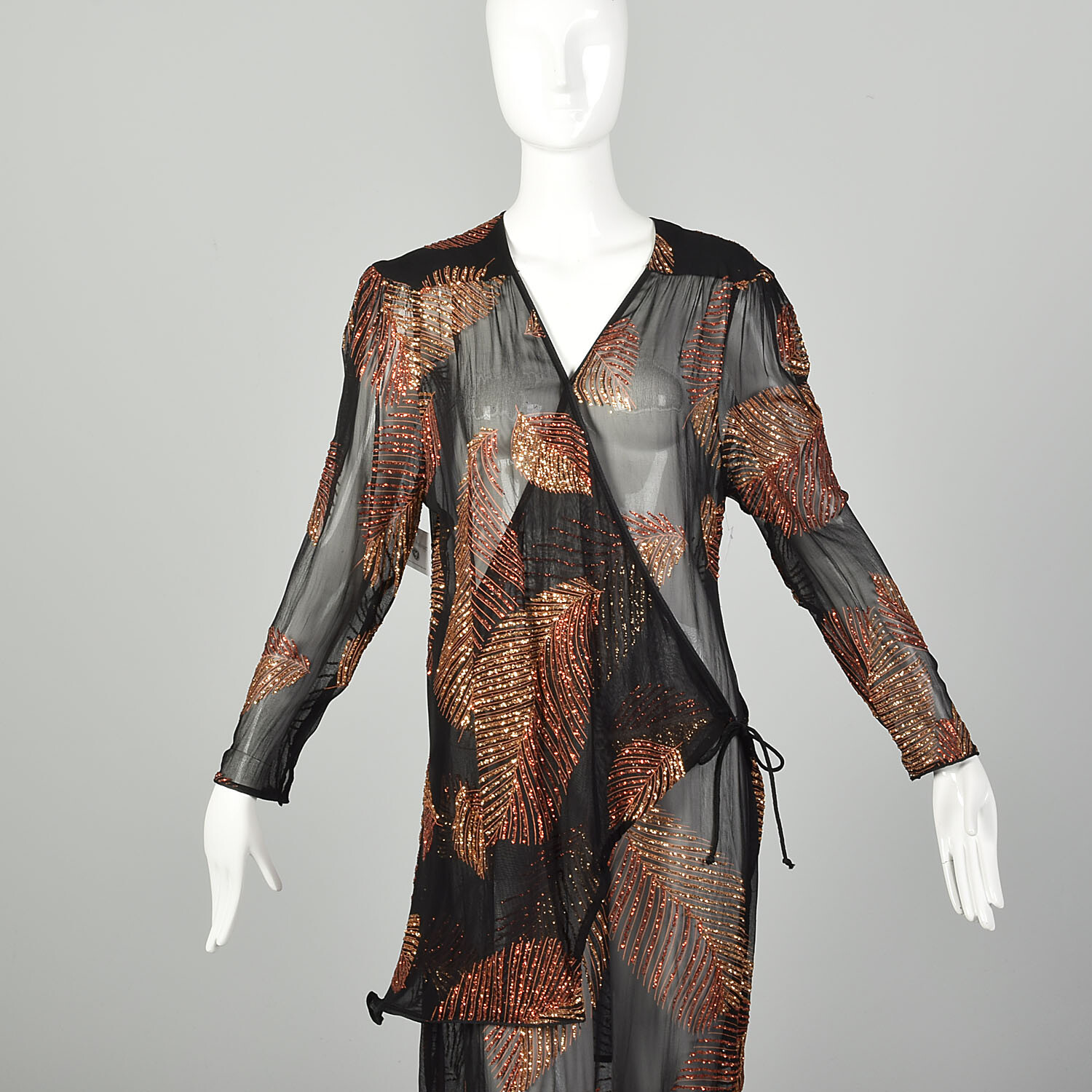 Medium 1980s Two Piece Wrap Dress Black Glitter Sheer VTG 80s