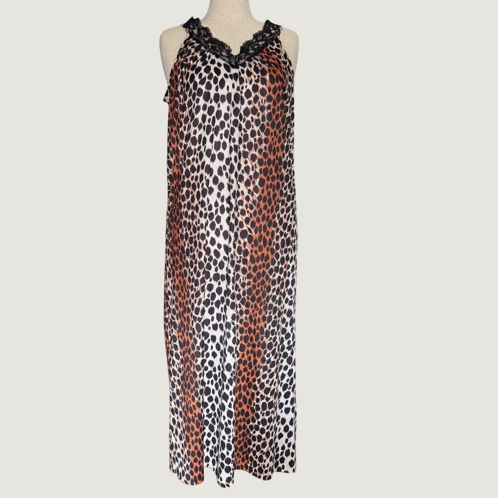 Heather Collection Vintage Leopard Print Lace Trim Maxi Slip Dress L Made in USA