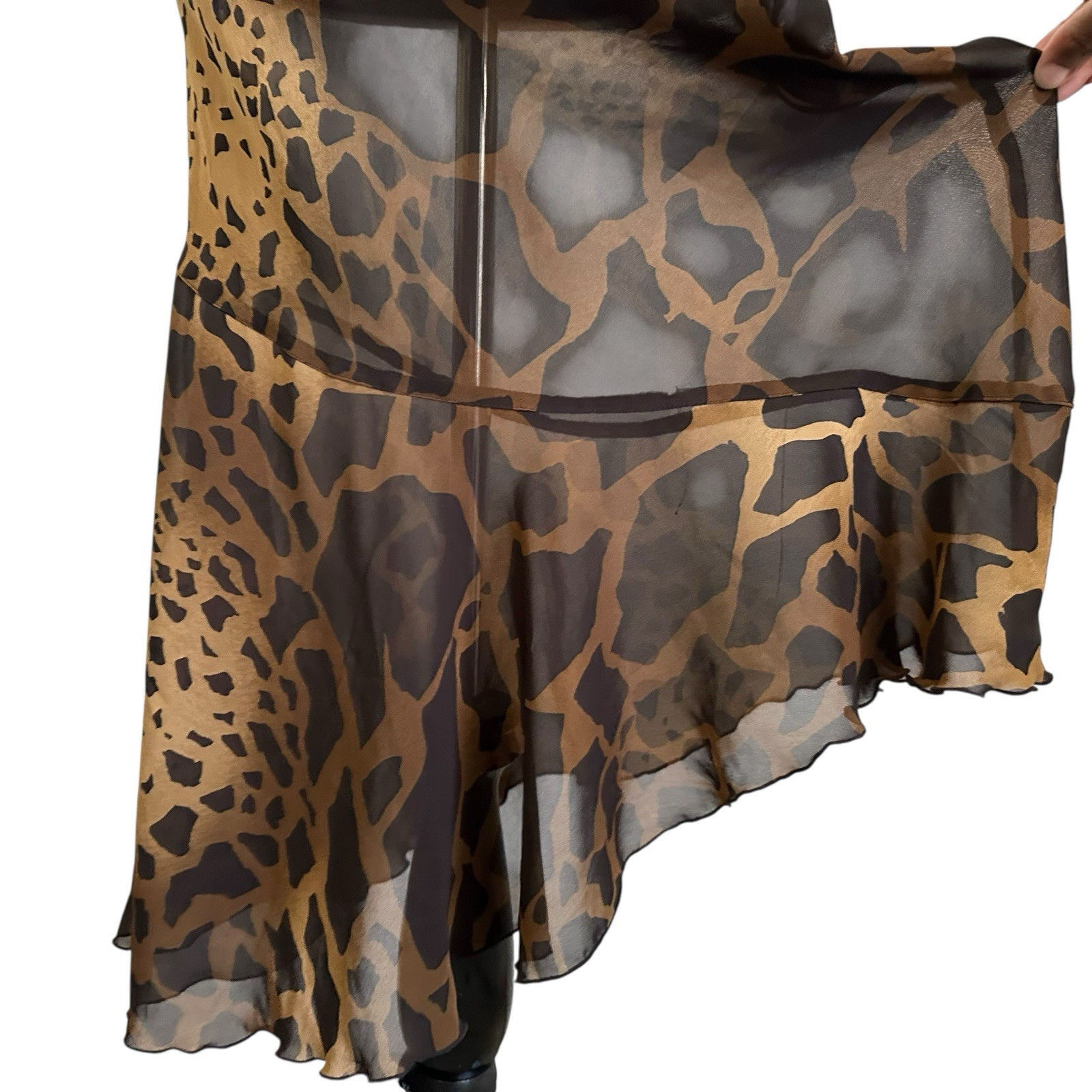 Vtg Y2K 90’s Asymmetrical Sleeveless Animal Print Semi Sheer Dress Small Brown