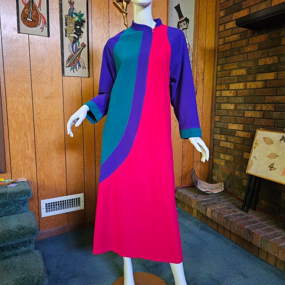 Vtg 80s New Wave Vanity Fair Colorblock Fleece Lounge Maxi Dress Caftan P M/L