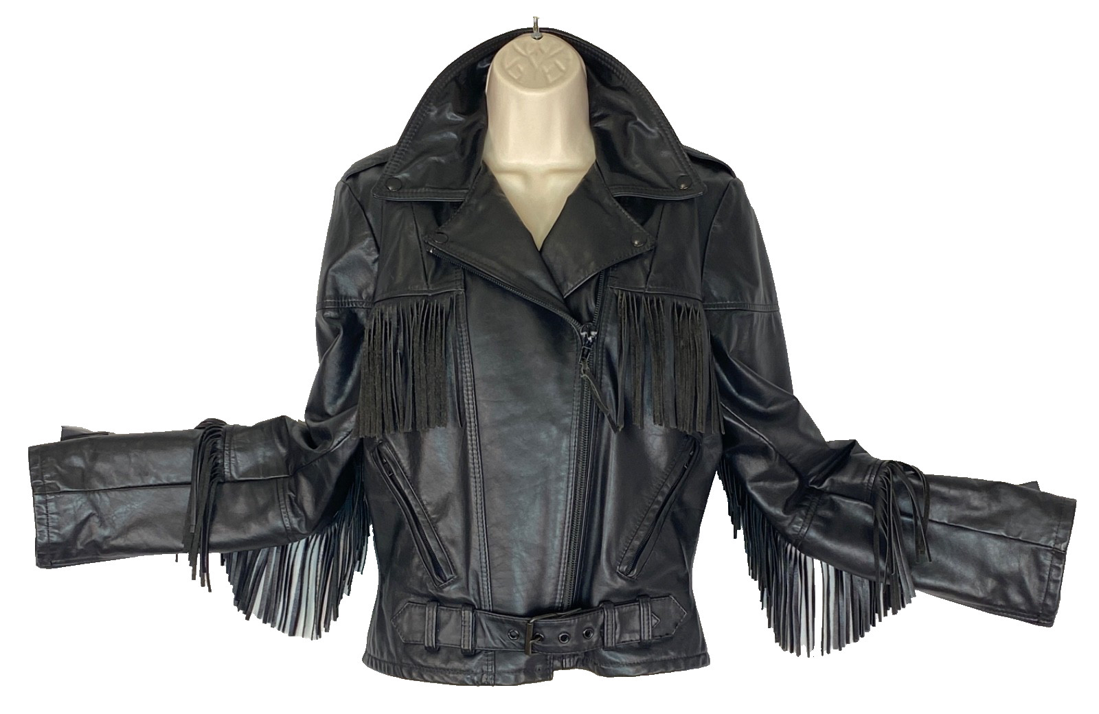 Vintage black leather fringe jacket women&rsquo;s S M moto rocker biker TAURUS