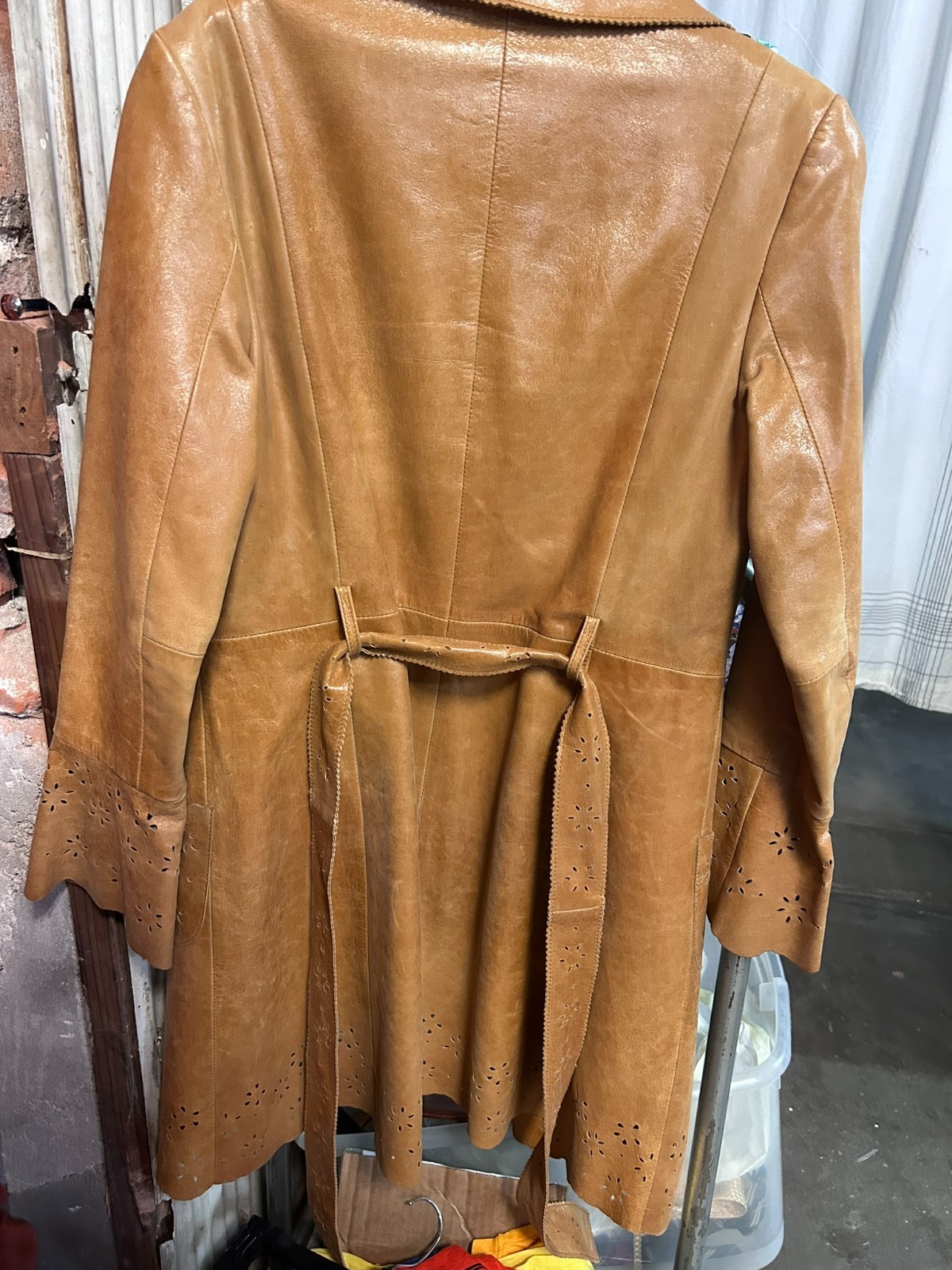 Vintage Leather Jacket Skirt Set Womens S 4 Camel Cutwork Floral Belted