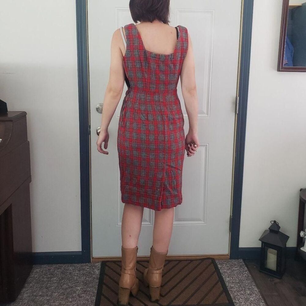60s/70s Hand Made Square Neck Red and Gray Plaid Wiggle Dress