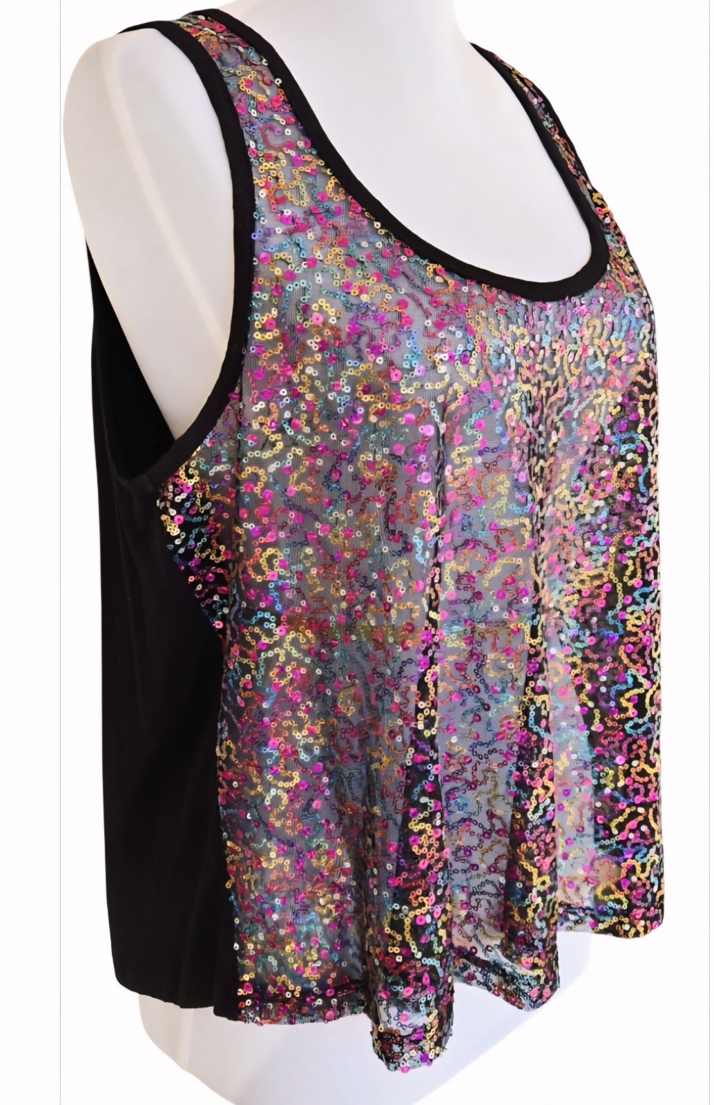 1990s CHARLOTTE RUSSE Sheer Rainbow Sequined Poly Spandex Tank Top Size XL