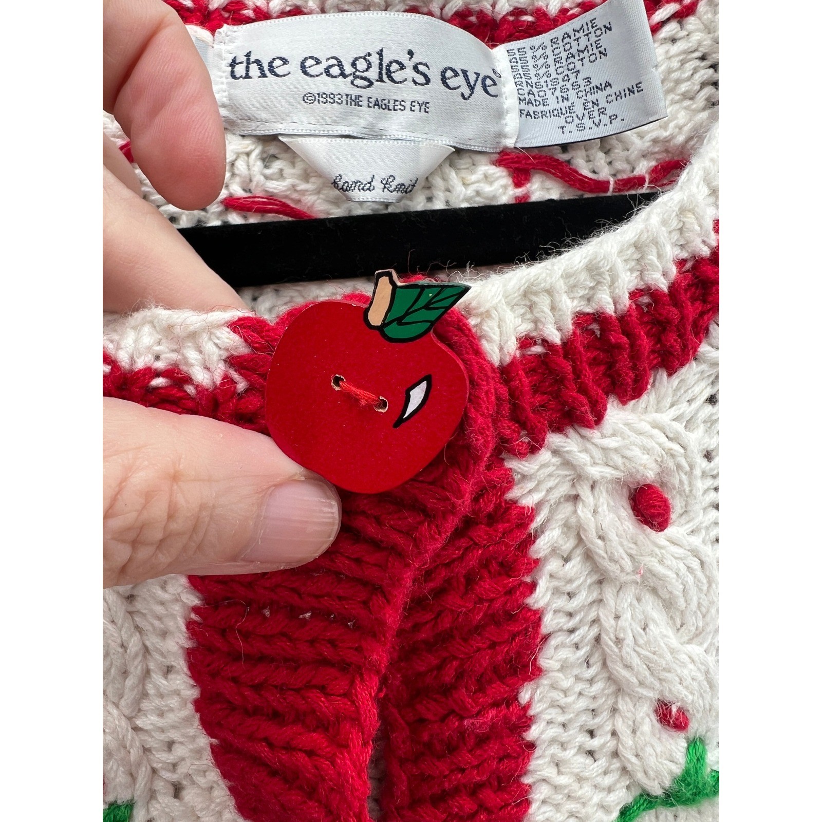 Vintage The Eagle&rsquo;s Eye Hand Knit Teacher School Cardigan Sweater Cream Red 1993