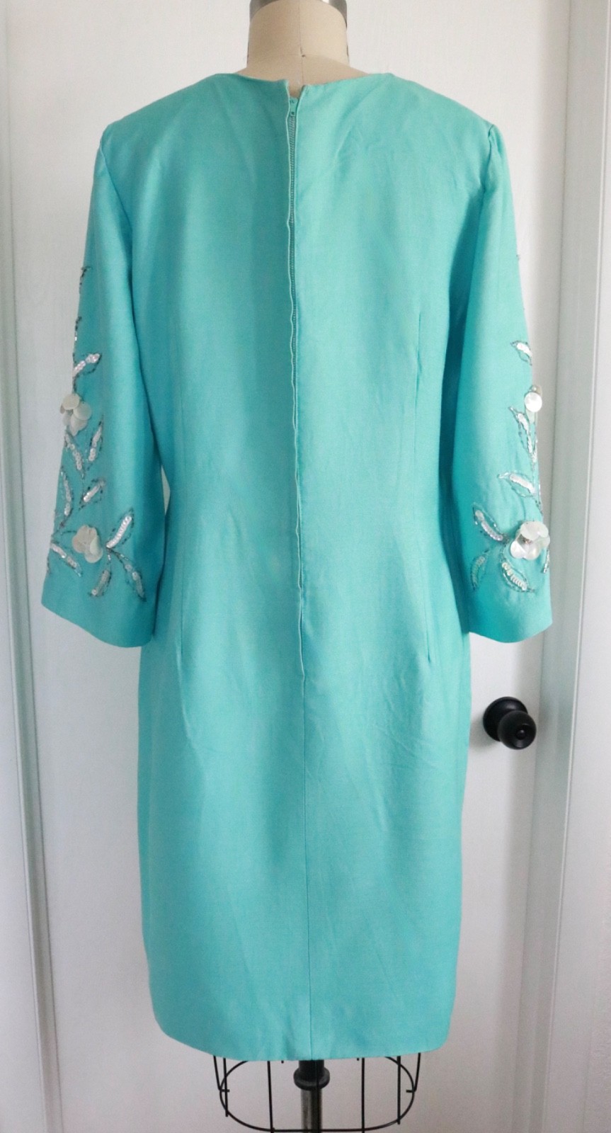 Vintage 50s 60s Turquoise Rhinestone Beaded Sequin Dress Size M Mid Century