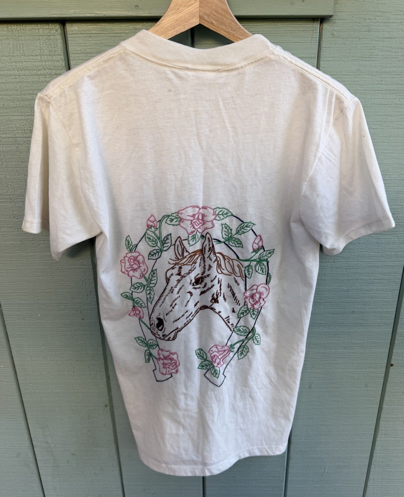 vintage hand embroidered Tshirt Horses horseshoe wearable art