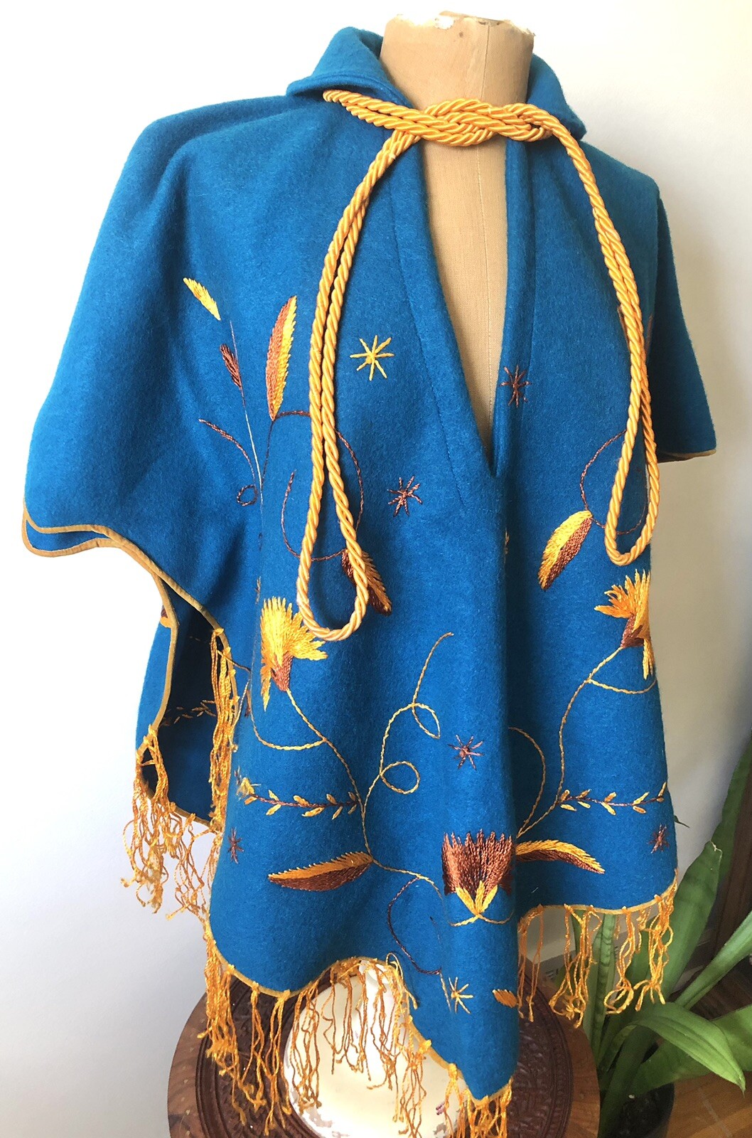 Vintage Rich Teal Wool Poncho With Golden Yellow & Brown Floral Embroidery
