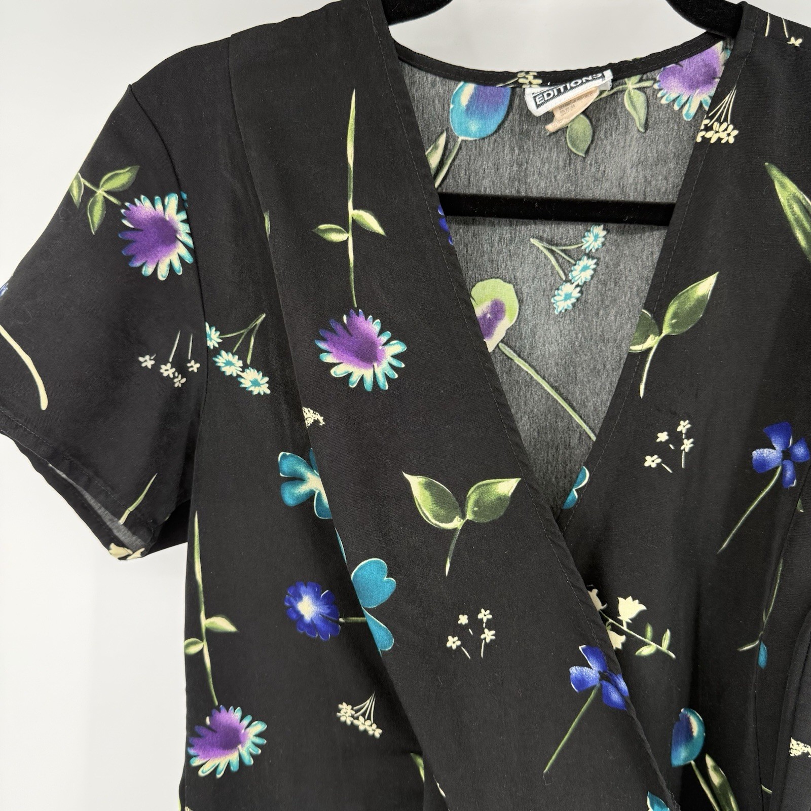 Vintage 90s Basic Editions Black Wrap Dress with Floral and Fruit Print Size 12