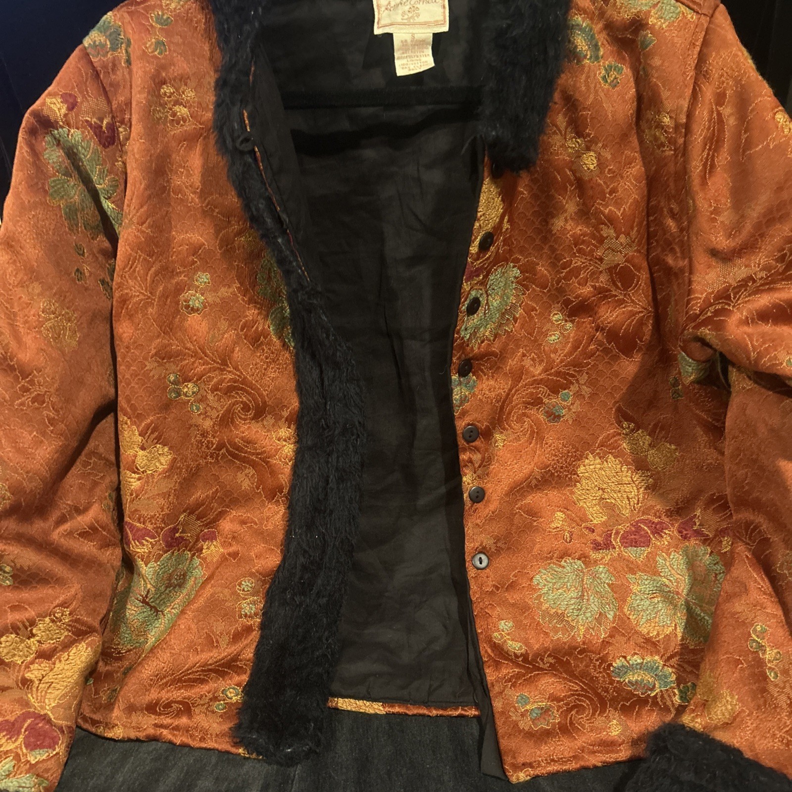 Vintage April Cornell Burnt Orange Tapestry Jacket W/ Black Faux Fur Trim S