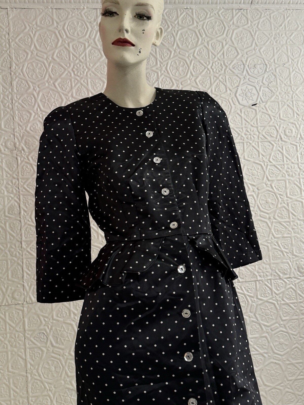 1980s Does 1940s Black satin Peplum Pencil Dress-Polka Dot-Chic-Vintage-Small