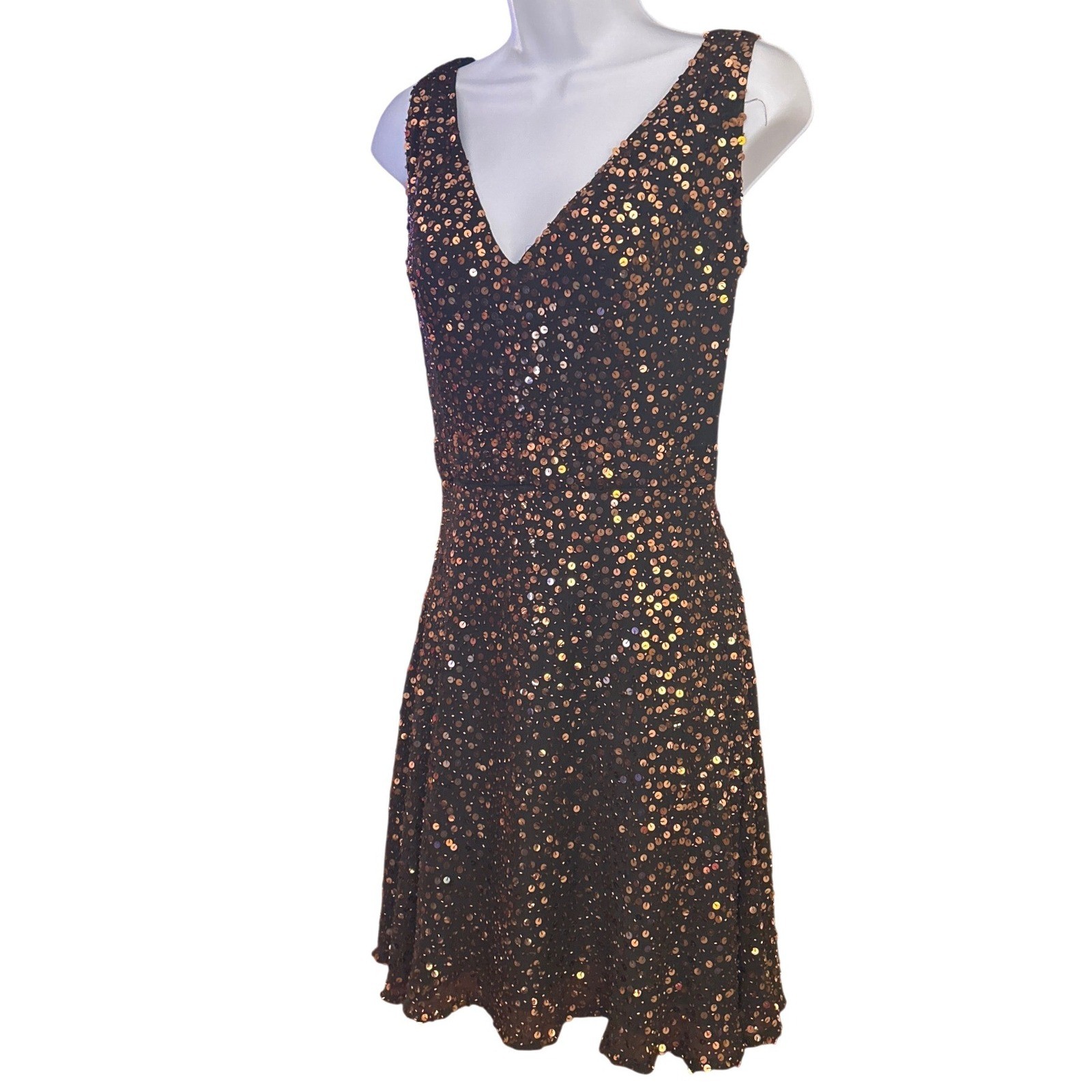 Vintage Niteline Della Roufogali Silk Sequin Cocktail Dress Black Copper Glam