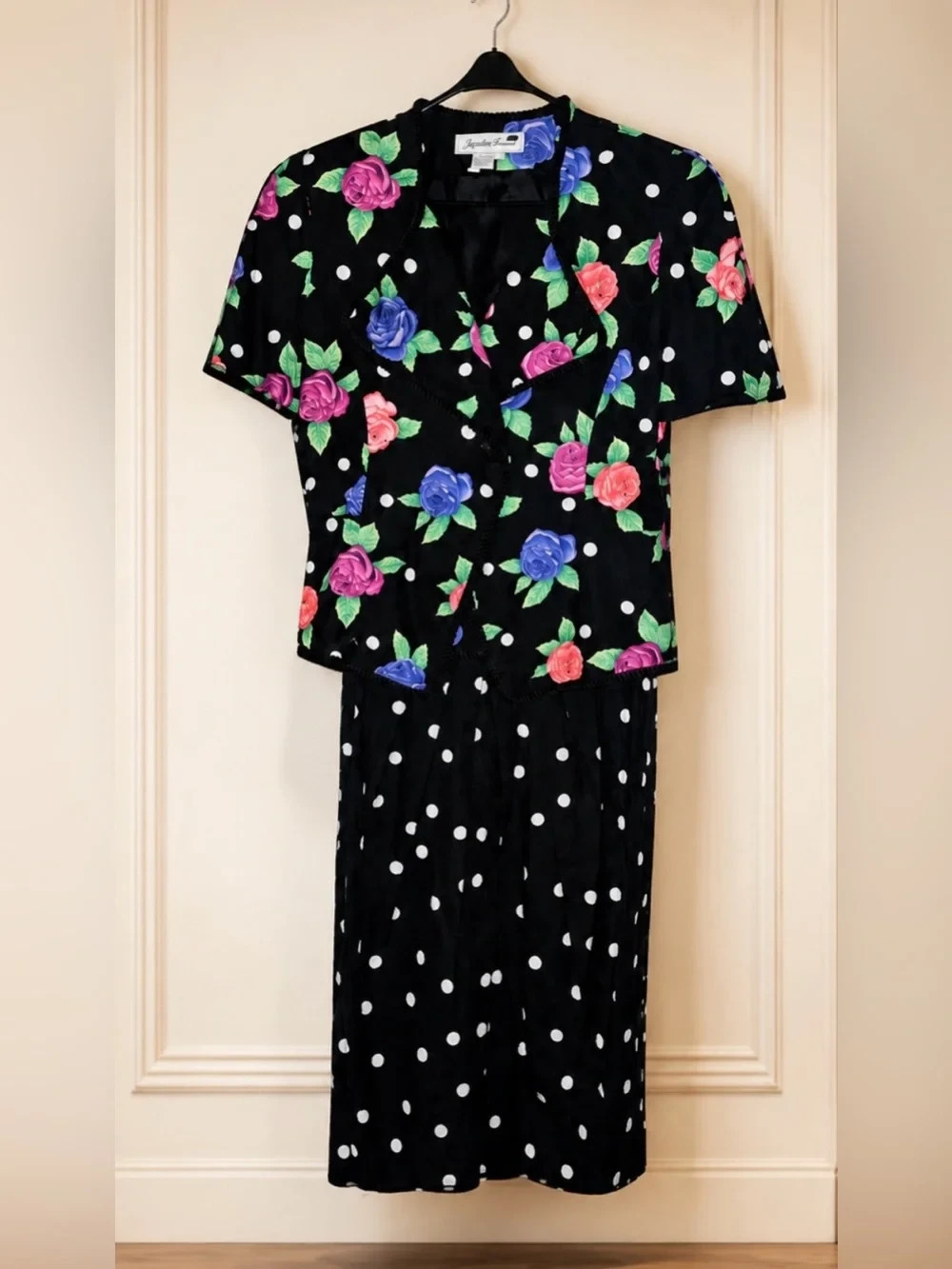Vintage 80s Saks Fifth Avenue Rose Floral Polka Dot Skirt Suit Set Size 12 retro