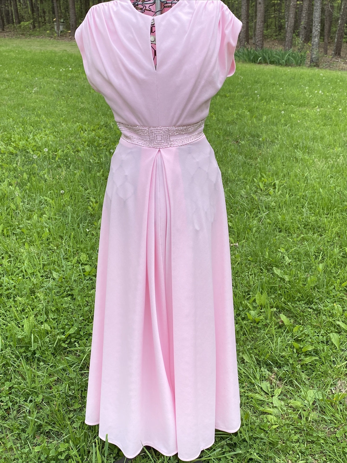 1970s Pink Double Knit Polyester Evening Gown Maxi Dress 9/10