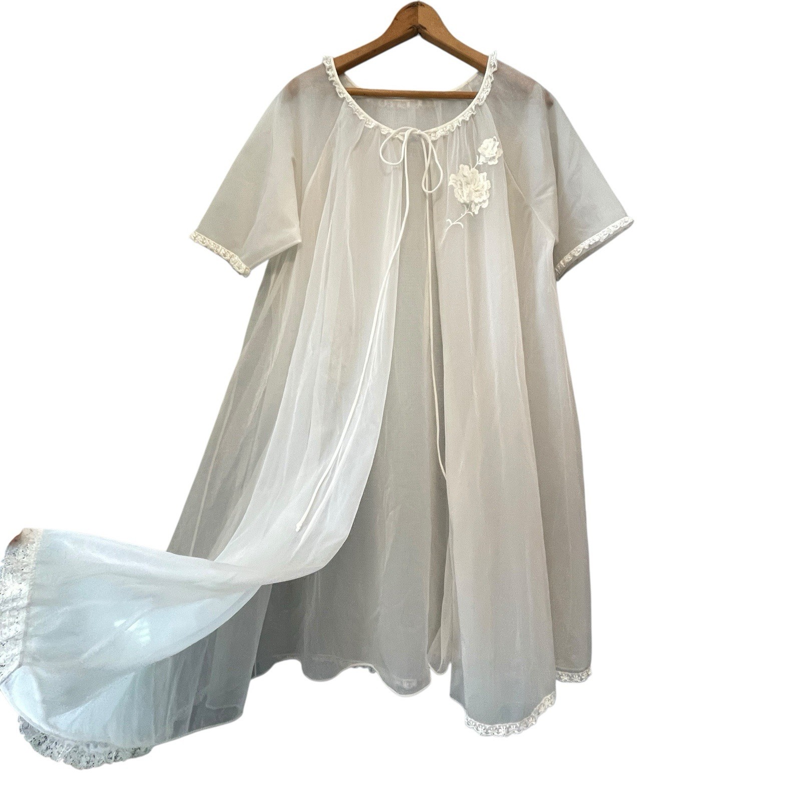 Vtg Vanity Fair Peignoir Robe Small 50s Off White Sheer Chiffon Romantic Bridal