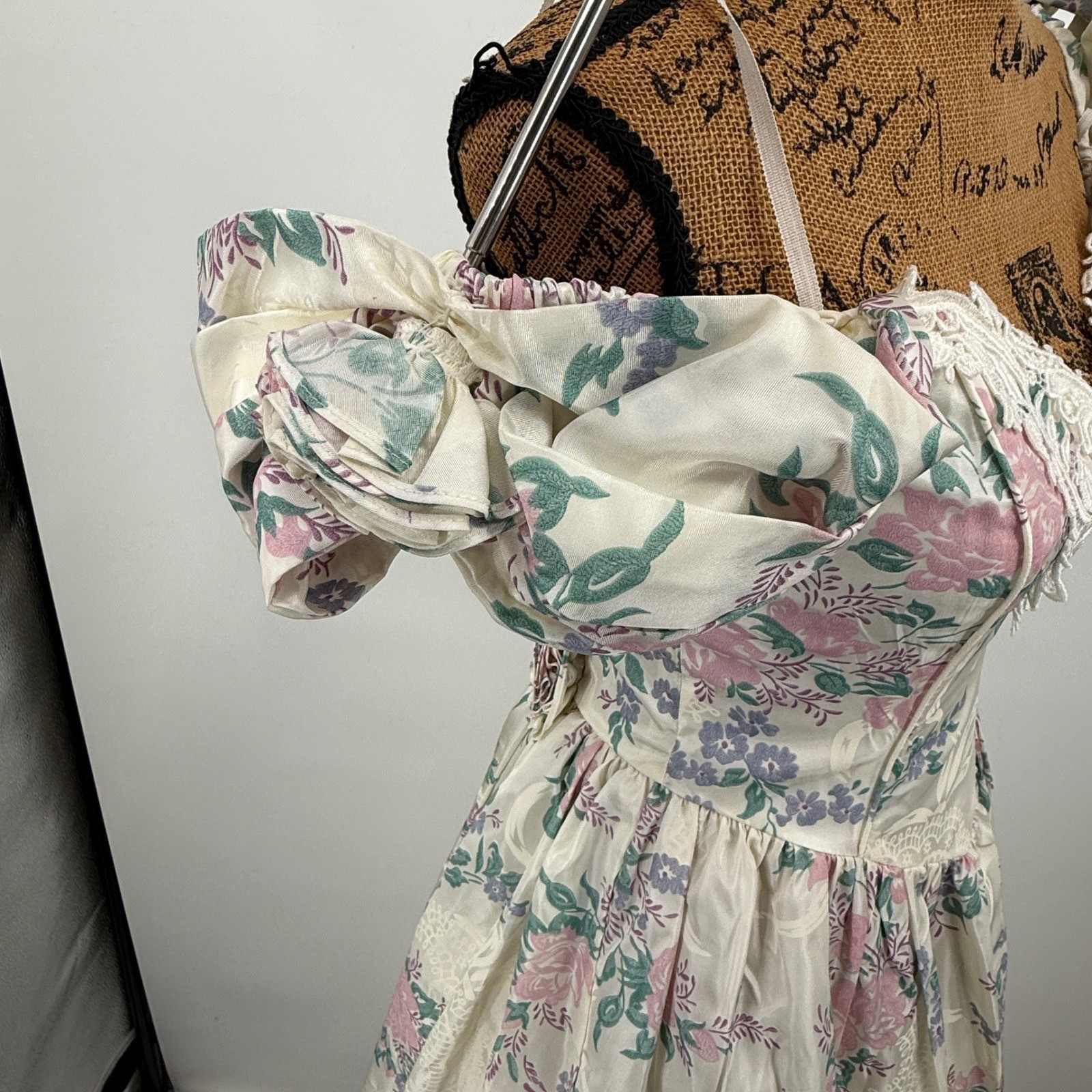 Vtg Scott McClintock Floral Dress Sz 6 Puff Sleeve Lace Cottage Coquette Basque