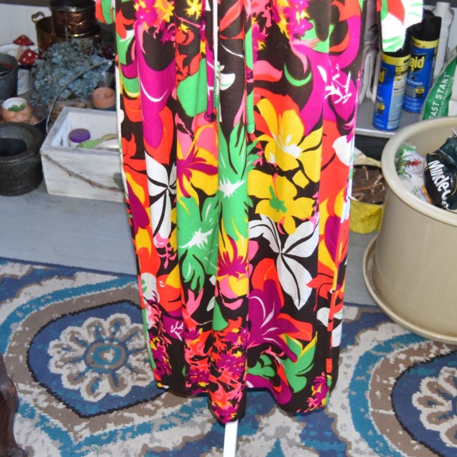 Vintage 70s Lounges Hawaiian Floral Maxi Dress Zip Front Drawstring USA Medium