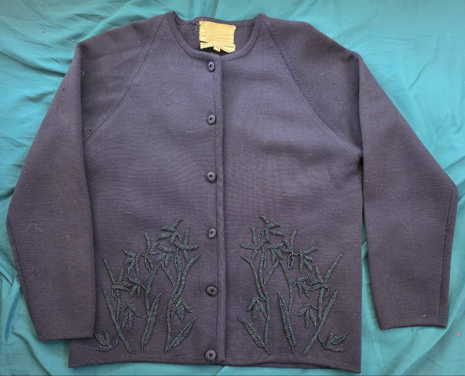 Vintage Robson&rsquo;s Beaded Wool Cardigan Bamboo Sweater Hong Kong Blue Size 12