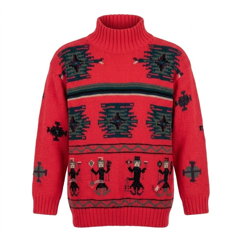James Davis S / M Vintage Hand Knitted Cotton Red Southwest Kachina Sweater – CJ