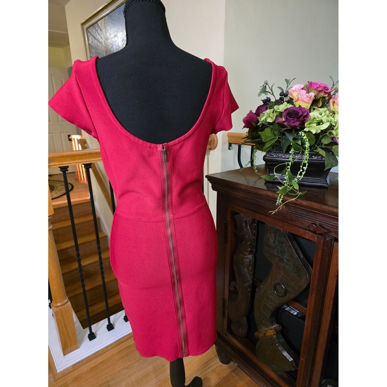 BCBGMaxAzria Vintage Raspberry Red Bodycon Boatneck Sheath Dress Size M