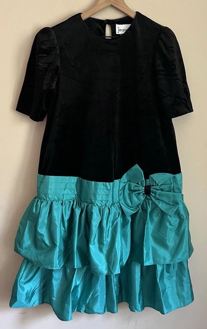 80s 90s Prom Dress Vintage Party Black Gown Bow Formal Size XS 0 2 Ruffles