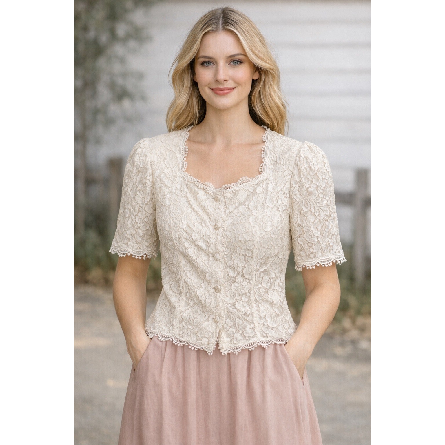 90s Scott McClintock Lace Blouse Cottagecore Victorian Ivory Short Sleeve Top
