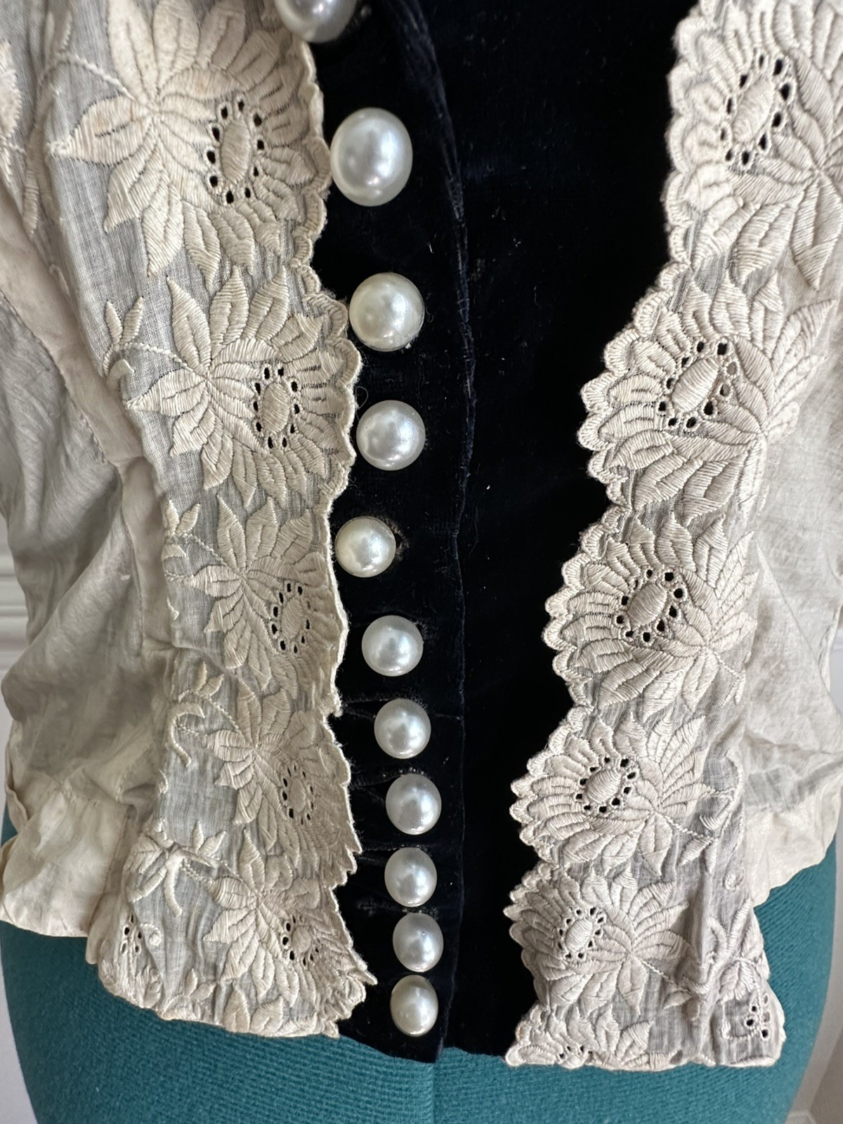 Antique Edwardian Victorian Under Bodice Dickie Lace Vest Black Velvet Pearl