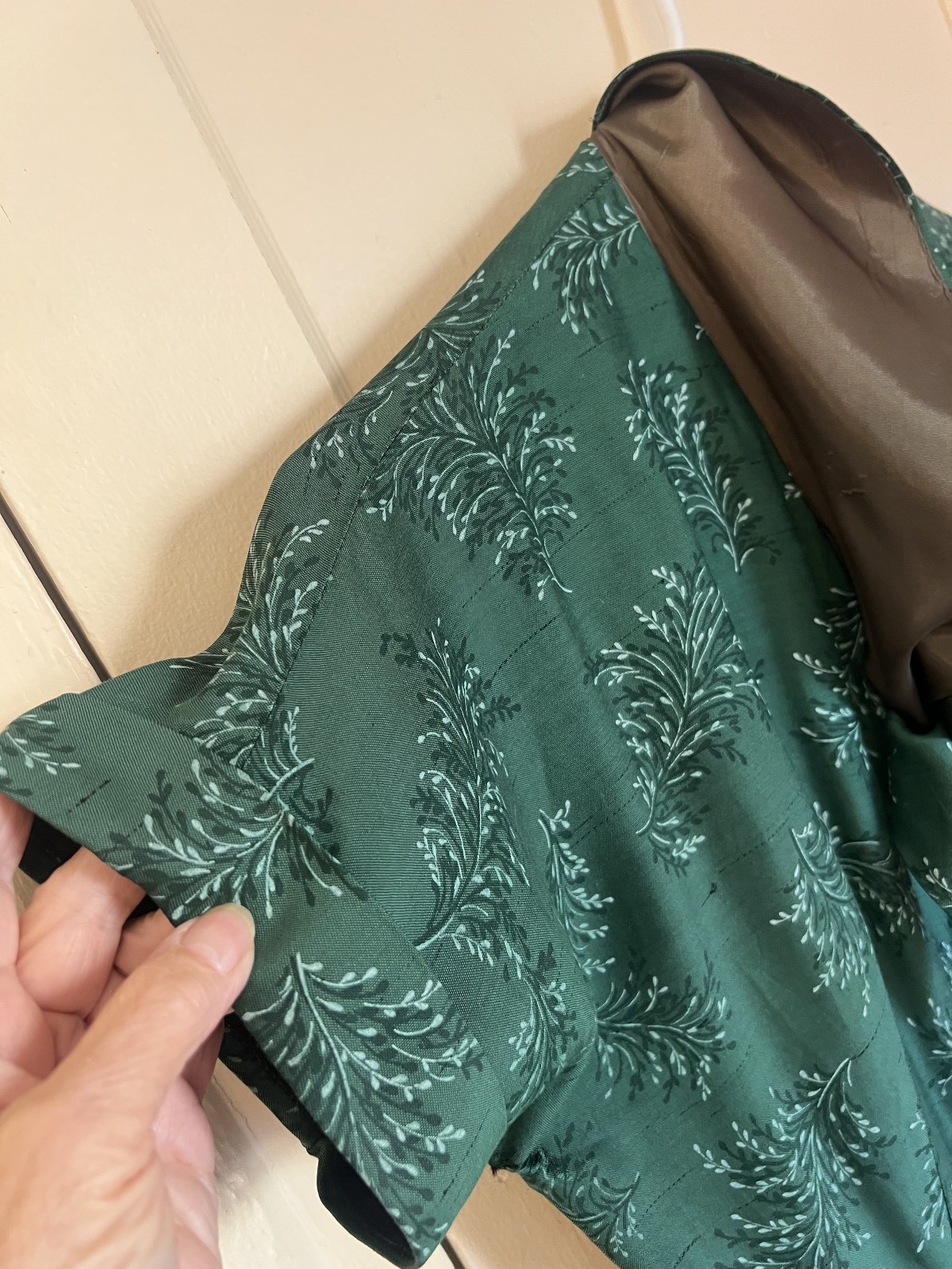 1950s Green Floral Crystal button Vintage Hand-Sewn short sleeve Dress L sz 12