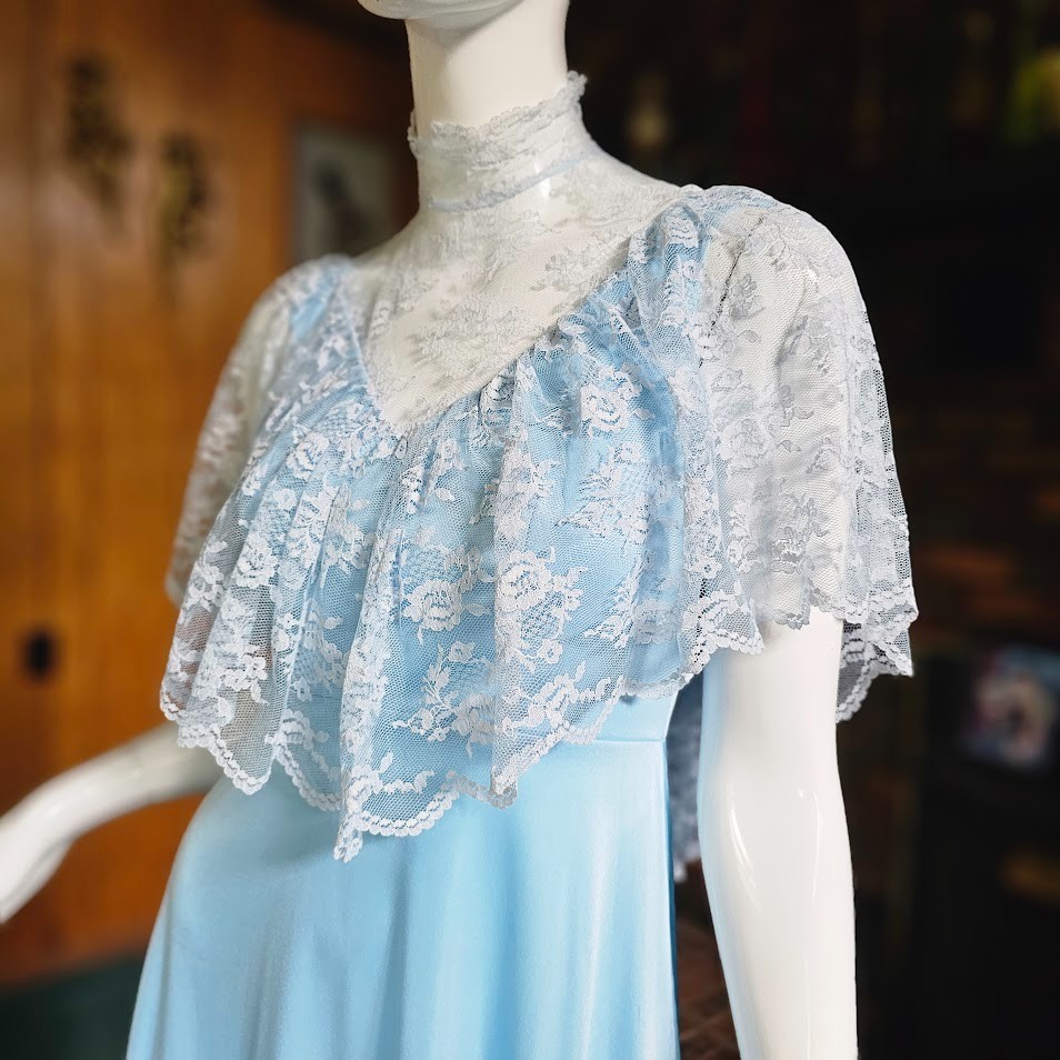 Vtg 70s Victorian Revival High Lace Neck Powder Blue Capelet Maxi Gown Dress S/M