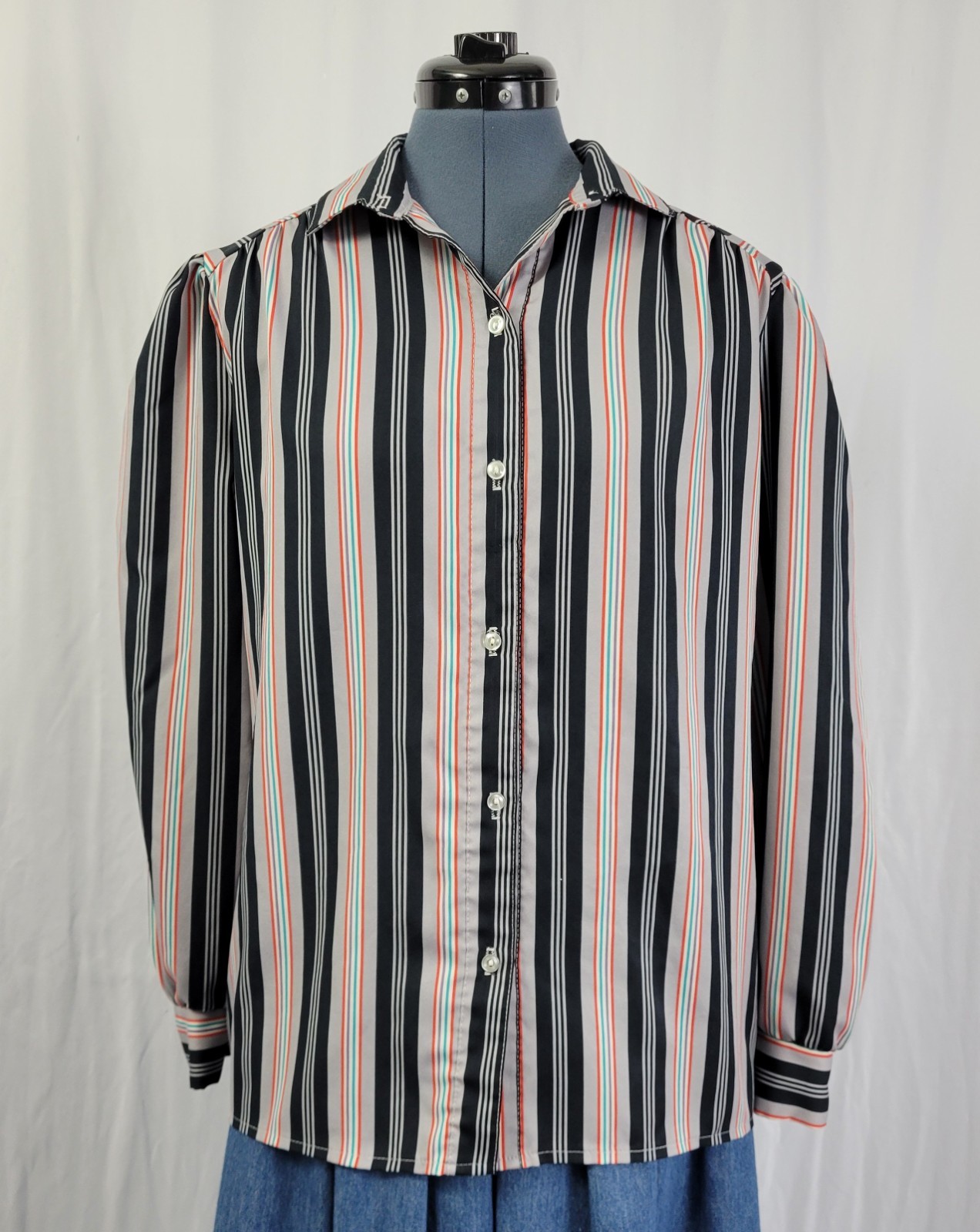 Vintage Grey & Black Striped Button Down Top w Red/Teal/Purple Accent Size 16