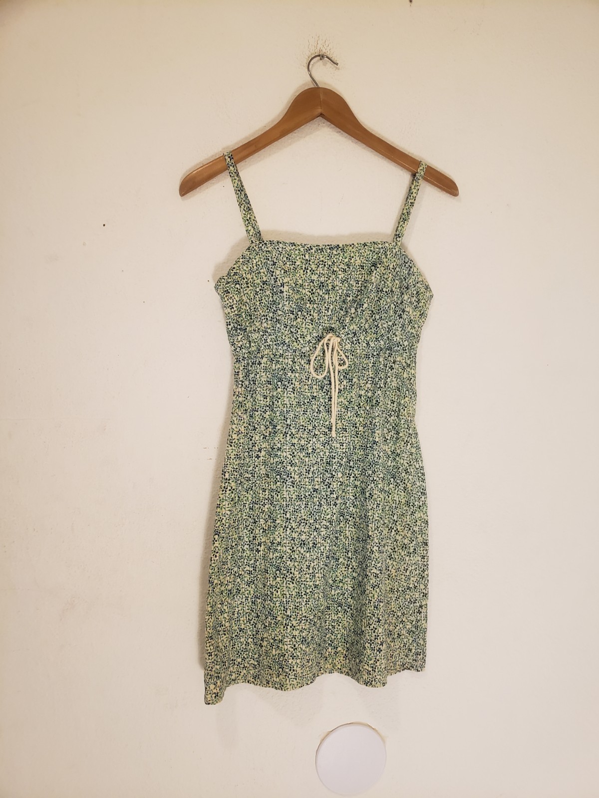 Vtg 90s La Belle Floral Cotton Summer Dress Drawstring Waist Sz 5 / S Green Blue