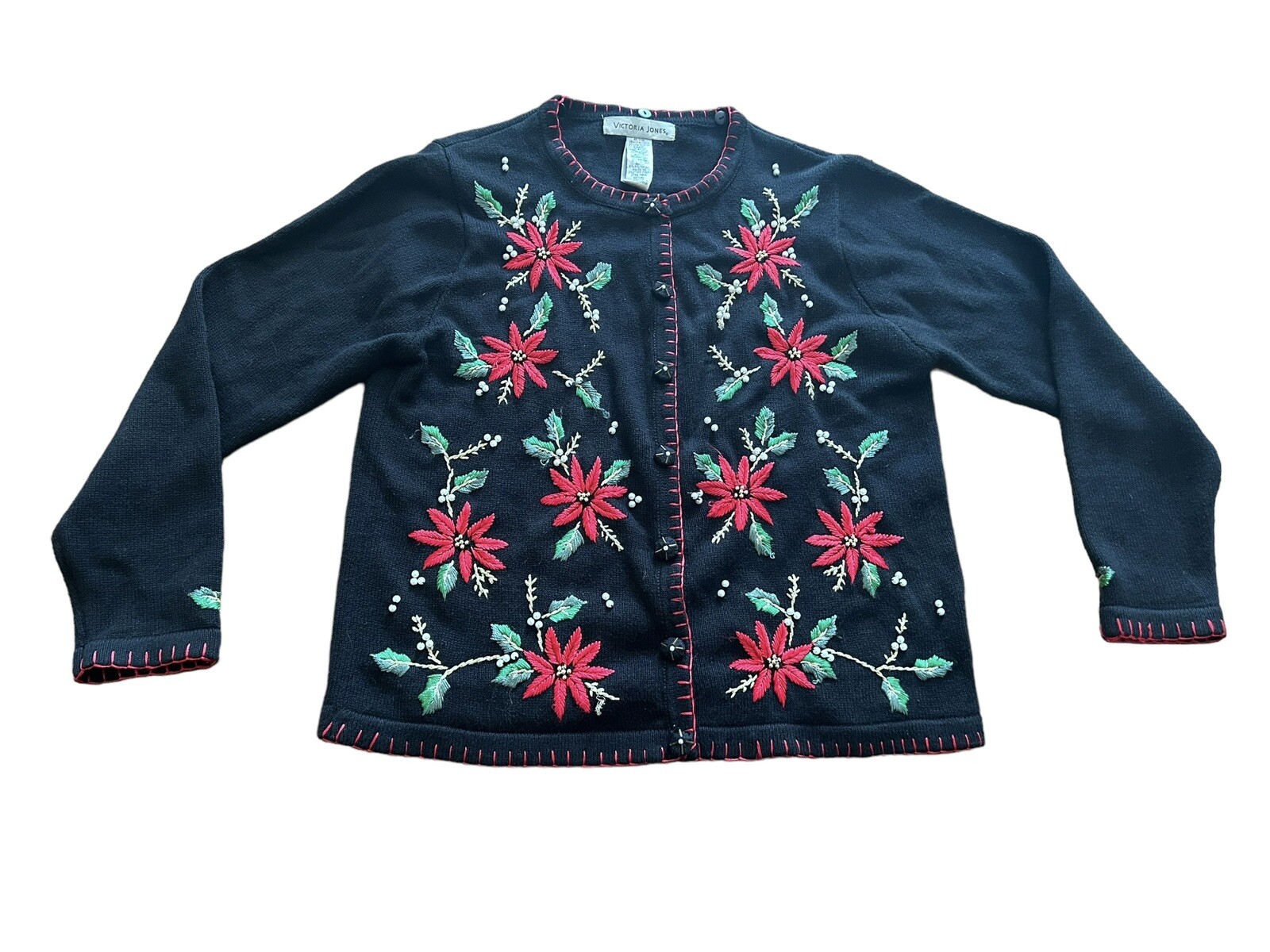 Victoria Jones Sweater Pearls & Poinsettias Bead Embroider Cardi Vntg Sz M