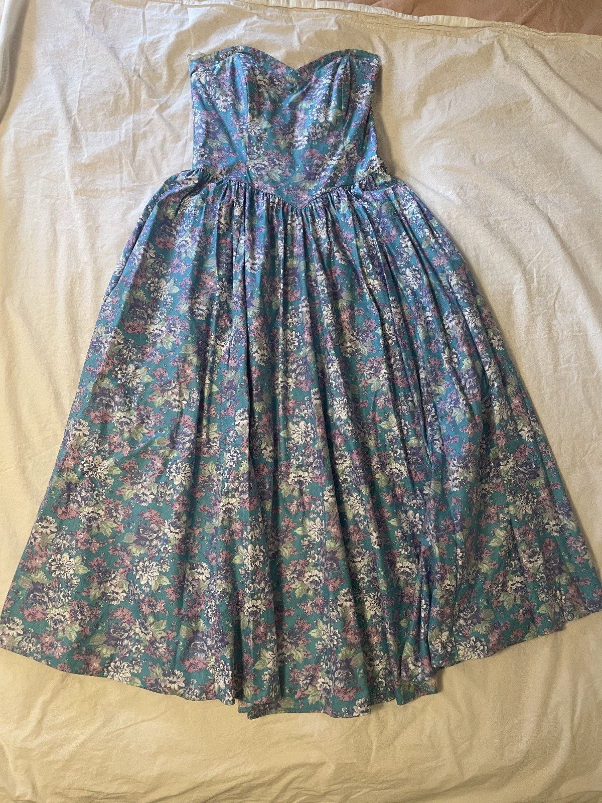 Laura Ashley Vintage 90s Floral Strapless Dress Aqua Purple US Sz 10 runs small