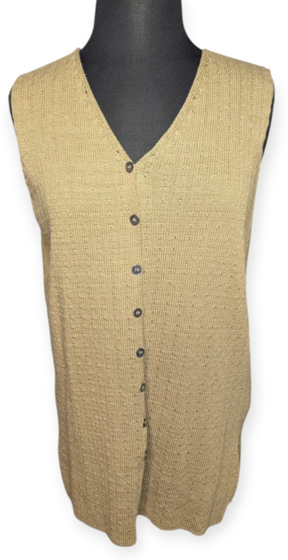 Vintage Jones Wear Long Sleeveless Button-Front Knit Vest in Camel Size Large