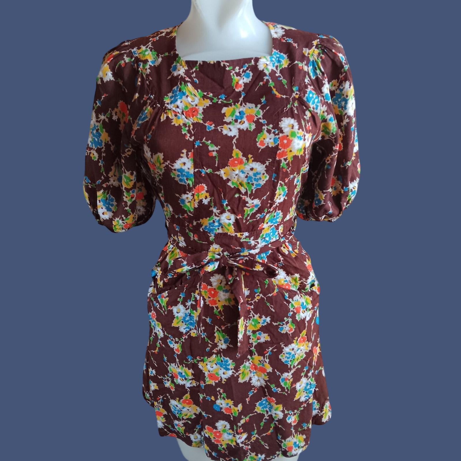 True Vintage Dress sz 7 1970&rsquo;s Boho Plain Jane San Francisco Floral Puff Sleeve