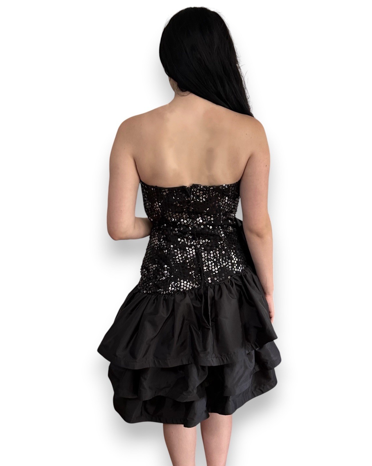 Vintage 80s Black Taffeta Sequins Cocktail Prom Dress ILGWU Made In USA Sz Small